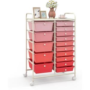 Giantex 15 Drawer Rolling Storage Cart Tools Scrapbook Paper Office School Organizer, Clear(Pink & Red)