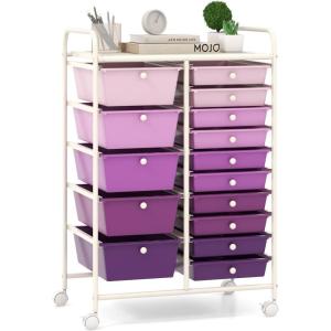 Giantex 15 Drawer Rolling Storage Cart Tools Scrapbook Paper Office School Organizer, Clear(Purple Gradient)