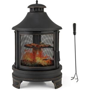 Giantex 2 in 1 Outdoor Fire Pit with Grill, 30 Inch Metal Chiminea, Wood Burning Fireplace with Chimney, Spark Screen Door & Fire Poker, Patio Firepit for Garden, Backyard, BBQ