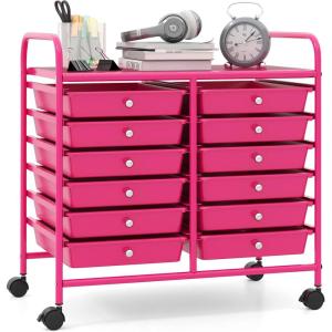 Giantex 20-Drawer Storage Drawer Cart, Rolling Organizer Cart for Office School Tools Scrapbook Paper, Utility Rack on Wheels (Multicolor)(Hot Pink)