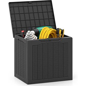 Giantex 25 Gallon Outdoor Storage Box, Patio Deck Box with Lockable Lid, Wicker-woven Texture, Waterproof Storage Bench for Pool Accessories, Garden Tools, Package Delivery, Patio Furniture (Black)(Black)