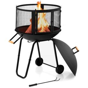 Giantex 28″ Portable Fire Pit on Wheels, Outdoor Mobile Wood Burning Firepit w/Log Grate, Fire Poker, Heavy-Duty Steel Frame & Solid Metal Top, 2-Door Gate, Rolling Fire Pits for Entertaining Camping