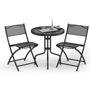 Giantex 3 Pcs Bistro Set Garden Backyard Round Table Folding Chairs, with Rust-Proof Steel Frames & Reinforced Glass Design Outdoor Patio Furniture, Black(Round Table: φ23.5″Dx 28″H)