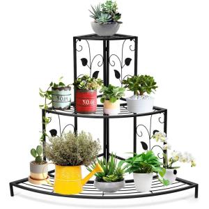 Giantex 3 Tiers Corner Shelf Metal Plant Stand, Stair-Step Style Flower Pot Display, Ladder Plant Display Rack, Quarter Round Plant Shelf for Indoor Outdoor Use