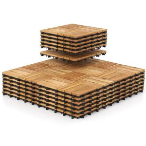 Giantex 30 PCS Acacia Wood Interlocking Patio Deck Tiles, 12″ x 12″ Indoor Outdoor Flooring Tiles for Balcony, Garden, Poolside, 30 Sq.ft Coverage, No Tools Required (Natural Wood, Checker Pattern)