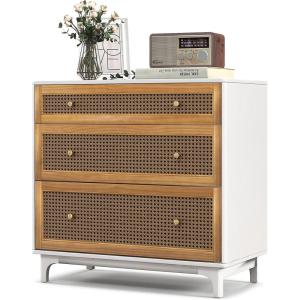Giantex 3-Drawer Dresser Chest for Bedroom – Storage Chest of Drawers with Anti-toppling Device, Wide Storage Dresser Bedside Table for Living Room, Hallway, Rattan Drawer Chest,Floor Storage Cabinet