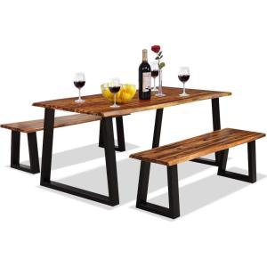 Giantex 3PCS Wooden Dining Set Bench Chair Rustic Indoor &Outdoor Furniture (Rustic Brown&Black)(Rustic Brown&black)