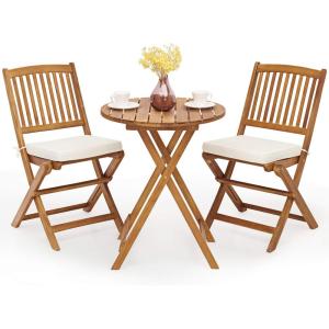Giantex 3Pcs Patio Bistro Set, Wood Folding Table Set, 2 Cushioned Chairs for Garden Yard, Outdoor Furniture Round Table (Natural & Beige)(Natural & Beige)