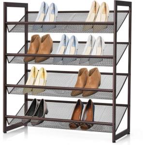 Giantex 3-Tier Metal Shoe Rack, Shoe Storage Organizer with Adjustable Angled or Flat Mesh Shelf for 9 to 12 Pairs of Shoes, Freestanding Shoe Shelf for Bedroom, Entryway, Closet, Hallway(4-Tier)
