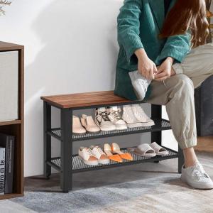 Giantex 3-Tier Shoe Rack Bench, Industrial Shoe Bench with 2 Mesh Storage Shelves & Seat for Entryway, Front Door, Garage Shoe Storage (Rustic Brown)(Rustic Brown)