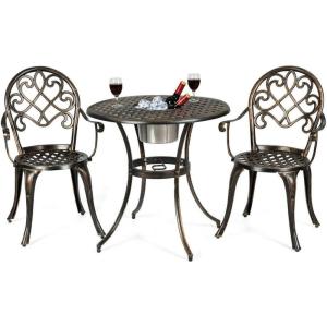 Giantex 3pcs Bistro Table Set Cast Aluminum Outdoor Patio Furniture Set Round Table W/Removable Ice Bucket, 2 Chairs Antique Garden Furniture Weather Resistant (Antique Bronze)(Bronze)