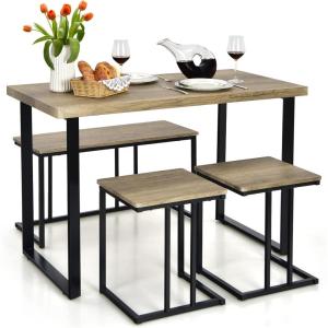 Giantex 4 Piece Dining Table Set, 47.5” Kitchen Table and Chairs for 4, Nesting Furniture Set w/Bench & 2 Stools, Space-Saving Table Set, Modern Functional Desk Set for Dining Room Restaurant, Oak
