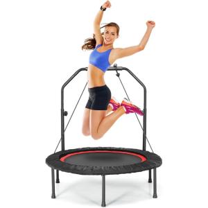 Giantex 40″ Foldable Mini Trampoline, Indoor Fitness Trampoline with 42.5”-51.5″ Height Adjustable Handle, Resistance Bands, Rebounder Exercise Trampoline for Adults, Kids(Red)