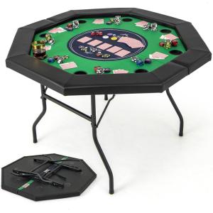 Giantex 48″ Poker Table Foldable – 8 Player Octagon Texas Holdem Poker Tables w/ 8 Cup Holders, Casino-Grade Felt Surface, Padded Rails, Portable Folding Card Game Table for Blackjack (Green+Black)(Green+black)
