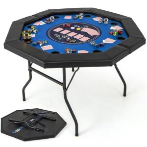 Giantex 48″ Poker Table Foldable – 8 Player Octagon Texas Holdem Poker Tables w/ 8 Cup Holders, Casino-Grade Felt Surface, Padded Rails, Portable Folding Card Game Table for Blackjack (Green+Black)(Blue+black)
