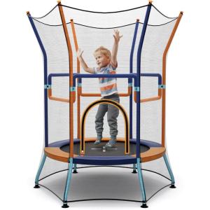 Giantex 48″ Toddler Trampoline With Safety Enclosure Net, Seamless Design for Kids Aged 3-6, Indoor Outdoor Mini Small Birthday Gift for Boys Girls(Orange/Blue)