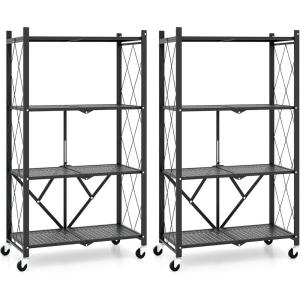 Giantex 4-Tier Foldable Storage Shelf, Collapsible Shelving Unit Display with Lockable Wheels, Heavy-Duty Metal Storage Organizer, Folding Storage Rack for Tool Room, Garage, Kitchen, Living Room (1)(2)