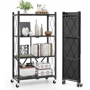 Giantex 4-Tier Foldable Storage Shelf, Collapsible Shelving Unit Display with Lockable Wheels, Heavy-Duty Metal Storage Organizer, Folding Storage Rack for Tool Room, Garage, Kitchen, Living Room (1)(1)