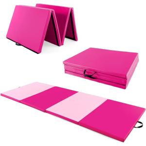 Giantex 4’x10’x 2″ Gymnastics Mat, 4-Panel Folding Aerobics Exercise Mat w/Hook & Loop Fastener, Carrying Handle, Portable Tumbling Mat for Stretching Yoga Cheerleading Martial Arts(Light Pink/Pink)