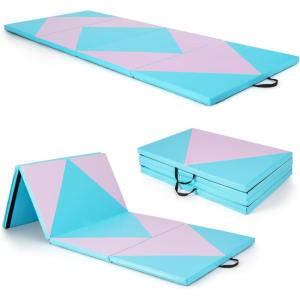 Giantex 4’x10’x 2″ Gymnastics Mat, 4-Panel Folding Aerobics Exercise Mat w/Hook & Loop Fastener, Carrying Handle, Portable Tumbling Mat for Stretching Yoga Cheerleading Martial Arts(Pink/Light Blue)