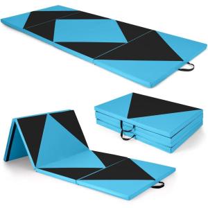 Giantex 4’x10’x 2″ Gymnastics Mat, 4-Panel Folding Aerobics Exercise Mat w/Hook & Loop Fastener, Carrying Handle, Portable Tumbling Mat for Stretching Yoga Cheerleading Martial Arts(Black/Blue)