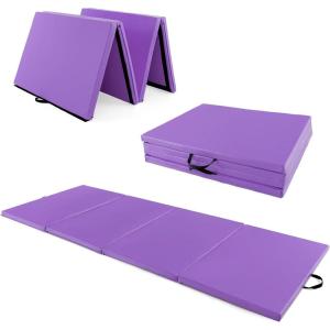 Giantex 4’x10’x 2″ Gymnastics Mat, 4-Panel Folding Aerobics Exercise Mat w/Hook & Loop Fastener, Carrying Handle, Portable Tumbling Mat for Stretching Yoga Cheerleading Martial Arts(Purple)