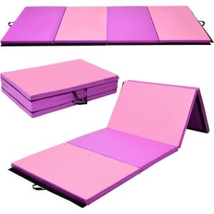 Giantex 4’x10’x 2″ Gymnastics Mat, 4-Panel Folding Aerobics Exercise Mat w/Hook & Loop Fastener, Carrying Handle, Portable Tumbling Mat for Stretching Yoga Cheerleading Martial Arts(Purple/Pink)