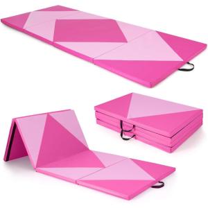 Giantex 4’x10’x 2″ Gymnastics Mat, 4-Panel Folding Aerobics Exercise Mat w/Hook & Loop Fastener, Carrying Handle, Portable Tumbling Mat for Stretching Yoga Cheerleading Martial Arts(Rose/Pink)