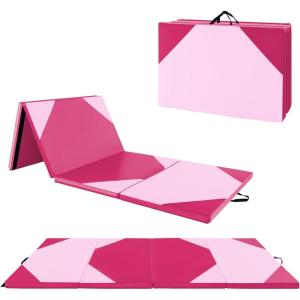 Giantex 4’x10’x 2″ Gymnastics Mat, 4-Panel Folding Aerobics Exercise Mat w/Hook & Loop Fastener, Carrying Handle, Portable Tumbling Mat for Stretching Yoga Cheerleading Martial Arts(Pink/Rose)