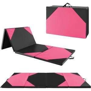 Giantex 4’x10’x 2″ Gymnastics Mat, 4-Panel Folding Aerobics Exercise Mat w/Hook & Loop Fastener, Carrying Handle, Portable Tumbling Mat for Stretching Yoga Cheerleading Martial Arts(Rose/Black)