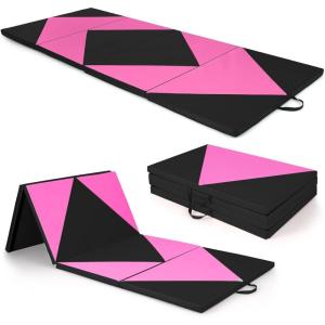 Giantex 4’x10’x 2″ Gymnastics Mat, 4-Panel Folding Aerobics Exercise Mat w/Hook & Loop Fastener, Carrying Handle, Portable Tumbling Mat for Stretching Yoga Cheerleading Martial Arts(Black/Rose)