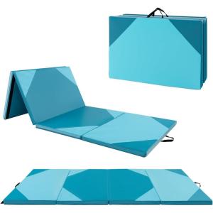 Giantex 4’x10’x 2″ Gymnastics Mat, 4-Panel Folding Aerobics Exercise Mat w/Hook & Loop Fastener, Carrying Handle, Portable Tumbling Mat for Stretching Yoga Cheerleading Martial Arts(Light Blue/Blue)