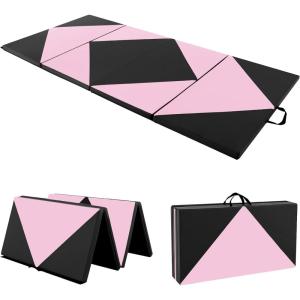 Giantex 4’x8′ Gymnastics Mat, 2″ Thick Folding Tumbling Mat with Carrying Handles, Foldable Gym Mat with Hook and Loop Fastener, Cheer Mats for Kids Adults Home Exercise Aerobics Fitness(Light Pink/Black)
