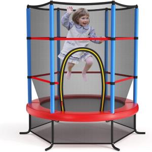 Giantex 55” Mini Kids Trampoline With Safety Enclosure Net, ASTM Approved, No-Gap Safe Design, Easy to Assemble 4.6 Ft Outdoor Indoor Small Toddler(Blue/Red)