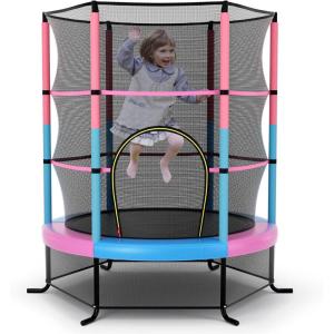 Giantex 55” Mini Kids Trampoline With Safety Enclosure Net, ASTM Approved, No-Gap Safe Design, Easy to Assemble 4.6 Ft Outdoor Indoor Small Toddler(Pink+Blue)
