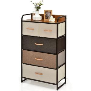 Giantex 5-Drawer Fabric Dresser for Bedroom – 39″ Tall Storage Tower w/Foldable Drawers & Open Shelves, Metal Frame, Storage Drawers Unit, Chest of Drawers for Entryway Closet Storage Cabinet (Gray)(Cream)