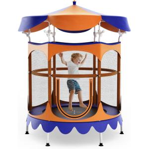 Giantex 5Ft Trampoline for Kids, 60″ Carousel Toddler Trampoline with Detachable Shade Cover, Seamless Design, Outdoor Indoor Mini Small Cute Trampoline for Boys Girls Aged 3-6 Gift(Orange/Blue)