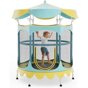 Giantex 5Ft Trampoline for Kids, 60″ Carousel Toddler Trampoline with Detachable Shade Cover, Seamless Design, Outdoor Indoor Mini Small Cute Trampoline for Boys Girls Aged 3-6 Gift(Yellow/Green)