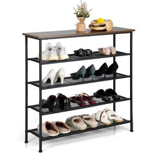 Giantex 5-Tier Shoe Rack, Industrial Adjustable Metal Shoe Storage Organizer w/ 4 Metal Mesh Shelves for 16-20 Pairs, Adjustable Feet, Heavy Duty Steel Frame, for Entryway, Hallway, Dorm, Rustic Brown(Rustic Brown)