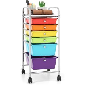 Giantex 6 Storage Drawer Cart Rolling Organizer Cart for Tools Scrapbook Paper Home Office School Multipurpose Mobile Utility Cart (Black Gradient)(Red+Orange+Green+Turquoise+Purple)