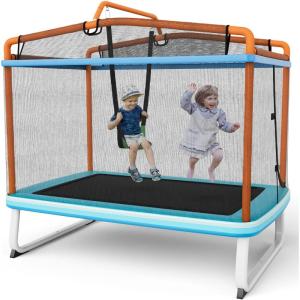 Giantex 6Ft Rectangle Trampoline with Swing, ASTM Approved Mini Kids Trampoline with Net, Horizontal Bar, L-Shaped 2 Way Zippers, Indoor Outdoor Small Recreational Trampoline for Toddler Age 3+(Blue/ Orange)