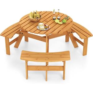 Giantex 6-Person Round Picnic Table Set with 3 Benches, 550 LBS Bench Capacity, 2″ Umbrella Hole, Circular Outdoor Wood Dining Table & Chairs for Patio Yard Garden Porch Deck (68”x62”x28”,Brown)(Yellow)