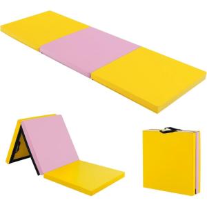 Giantex 6’x 2′ Gymnastics Mat, 2″ Thick Folding Tumbling Mat with Hook and Loop Fastener, Foldable Gym Mat with Carrying Handles, Cheer Mats for Kids Adults Home Exercise Aerobics Fitness(Pink&Yellow)