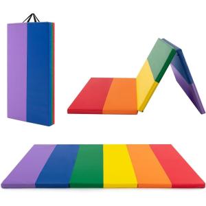 Giantex 6’x4’x2 Gymnastics Mat, Folding Anti-Tear Tumbling Mat w/Carrying Handles, Hook and Loop Fastener, Lightweight Gymnastics Panel Mat, Folding Exercise Aerobics Mats for Gym Home(Muticolor)