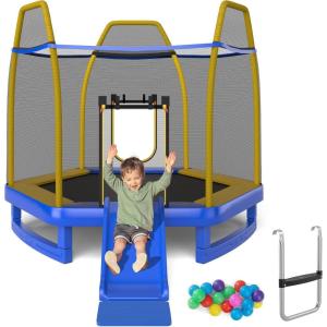 Giantex 7 FT Kids Trampoline with Ladder, Slide, Ocean Balls, ASTM Approved Recreational Trampoline with Net, Spring Cover(Blue)