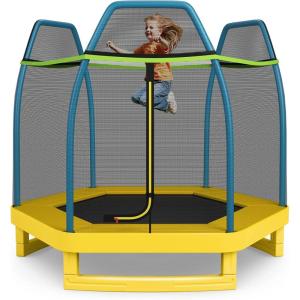 Giantex 7 Ft Trampoline for Kids, Heavy Duty Steel Frame Small Mini Toddler Trampoline, Great Gifts for Boys Girls, Outdoor Indoor Kids Trampoline with Net, for Age 3-8(Blue/ Yellow)