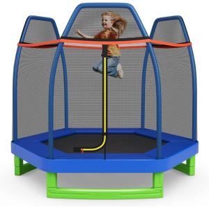 Giantex 7 Ft Trampoline for Kids, Heavy Duty Steel Frame Small Mini Toddler Trampoline, Great Gifts for Boys Girls, Outdoor Indoor Kids Trampoline with Net, for Age 3-8(Blue/ Green)