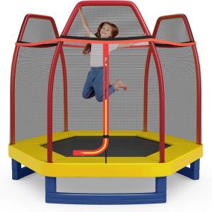 Giantex 7 Ft Trampoline for Kids, Heavy Duty Steel Frame Small Mini Toddler Trampoline, Great Gifts for Boys Girls, Outdoor Indoor Kids Trampoline with Net, for Age 3-8(Red/Yellow/Blue)