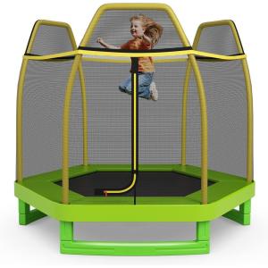 Giantex 7 Ft Trampoline for Kids, Heavy Duty Steel Frame Small Mini Toddler Trampoline, Great Gifts for Boys Girls, Outdoor Indoor Kids Trampoline with Net, for Age 3-8(Yellow/ Green)