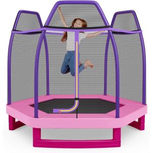 Giantex 7 Ft Trampoline for Kids, Heavy Duty Steel Frame Small Mini Toddler Trampoline, Great Gifts for Boys Girls, Outdoor Indoor Kids Trampoline with Net, for Age 3-8(Purple/Pink)